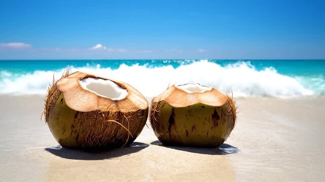 Two halves of a tropical fruit sit on a sandy beach with the ocean in the background under a bright, sunny sky