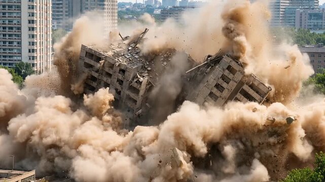 Building demolition with massive dust clouds collapsing structure in urban environment creating dramatic destruction scene