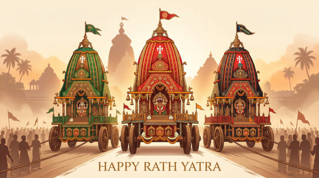 Rath yatra india festive illustration with jagannath balabhadra subhadra chariot procession in temple city spiritual culture celebration design use