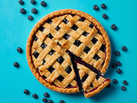 Top view of blueberry pie with lattice crust and fresh berries