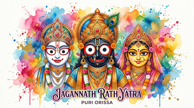 Jagannath rath yatra india artistic deity illustration with balabhadra subhadra colorful splash background spiritual culture festival design use