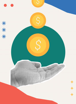 Trendy Halftone Collage of a halftone hand holding stacked dollar coins on a circle, symbolizing passive income and financial growth, ideal for investment and wealth management content.