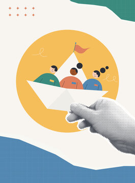 Trendy Halftone Collage of a halftone hand holding a paper boat with diverse team characters and a flag, symbolizing empowering growth and leadership, ideal for teamwork and corporate content.