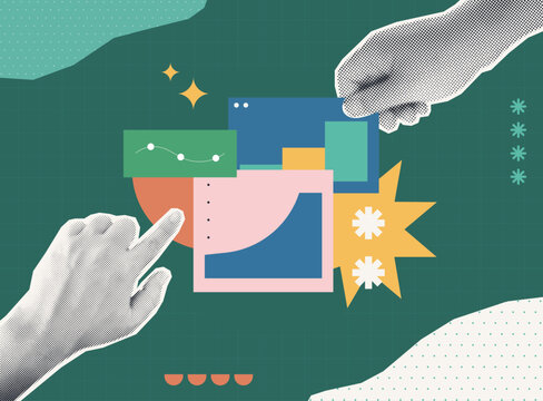 Trendy Halftone Collage of two halftone hands pointing at layered dashboard screens with charts and graphs, symbolizing data analysis and insight, ideal for business intelligence and technology conten
