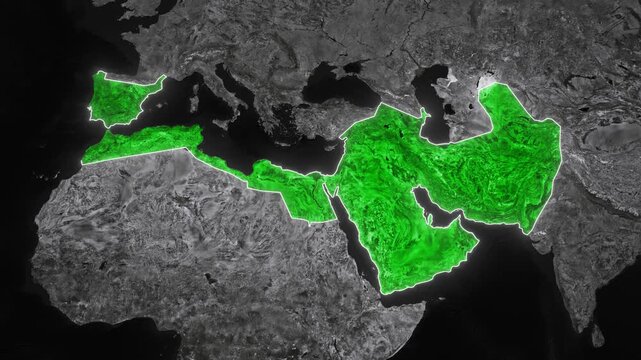 Umayyad Caliphate Map Animation. Documentary, glowing outline, and dark map animation of the Umayyad Caliphate. 4k.