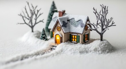 Naklejka premium House winter holiday scene with glowing windows, snow-covered roof and trees, cozy home decor background for marketing