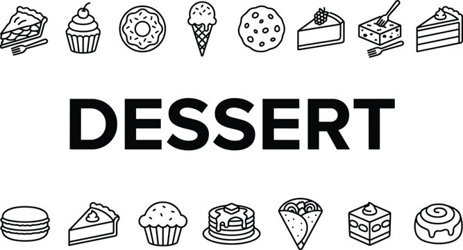 Dessert and sweets icons collection with cakes pastries ice cream donuts and bakery treats representing confectionery menu and sweet food concept