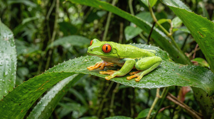 Obraz premium A vibrant red-eyed frog sits calmly on a large green leaf in a dense tropical rainforest.