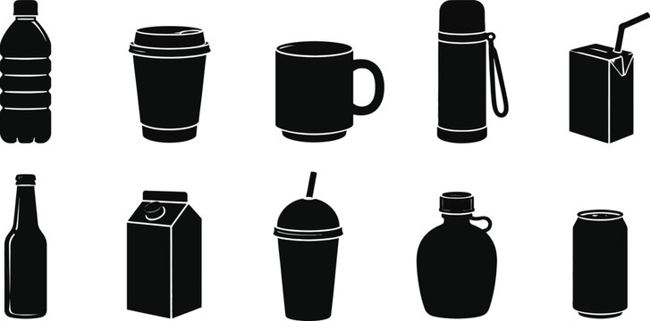 A collection of various beverage icons. Different types of cups, glasses, and containers are shown, including beer mugs, wine glasses, cocktails glasses, margarita glasses, coffee cups, teacups.