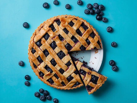 Homemade blueberry pie with lattice crust on blue background