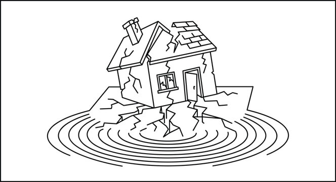 Earthquake damaged house illustration with cracked ground and structural collapse representing natural disaster destruction and seismic hazard impact concept