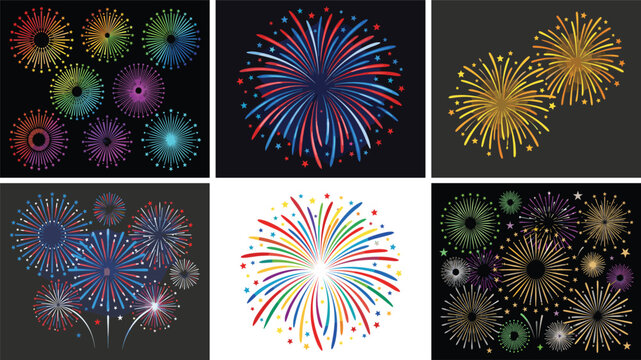 Colorful fireworks vector collection with festive burst effects for celebration holiday party background design