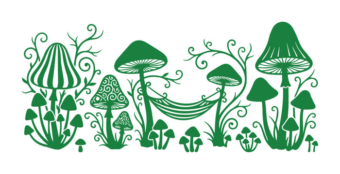 Whimsical green mushroom forest vector, magical fungi with swirls and hammock, enchanted nature border for fairy tale illustrations