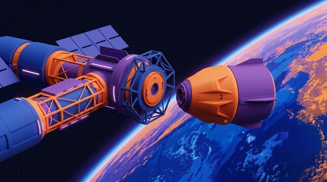 Spacecraft docking with a space station in orbit above earth