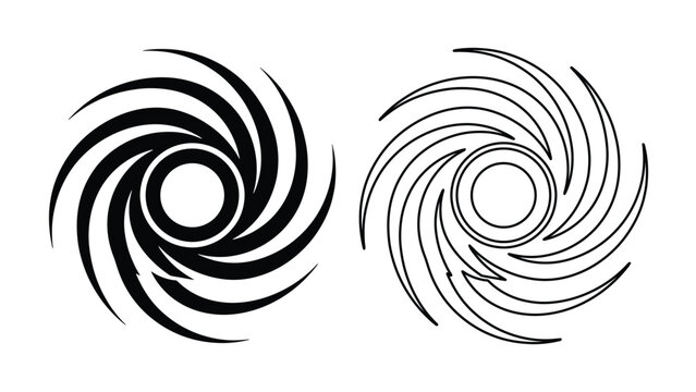Abstract spiral vortex icons in solid and outline styles, black circular swirl vector graphics, geometric hurricane and galaxy symbol set