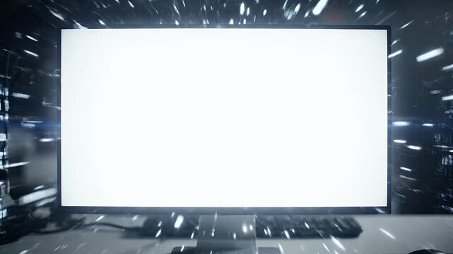 A brightly lit computer monitor sits on a desk, radiating a powerful glow and suggesting a focus on digital technology and modern workspace environments.