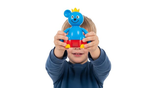 Child holding a colorful cartoon bear mascot covering the screen in playful app preview