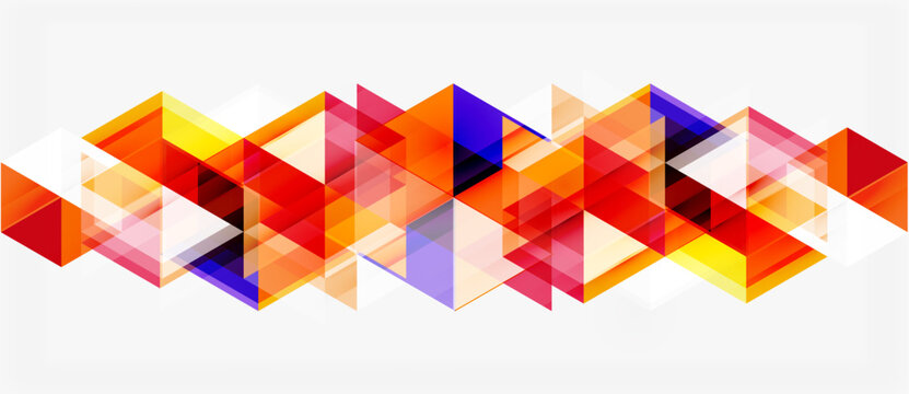 Abstract geometric pattern. Colorful triangles form repeating wave design. Bright hues contrast with white background. Modern, dynamic composition.