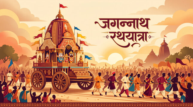 Jagannath rath yatra india festival chariot procession with devotees and temple background in traditional illustration style for cultural celebration design use