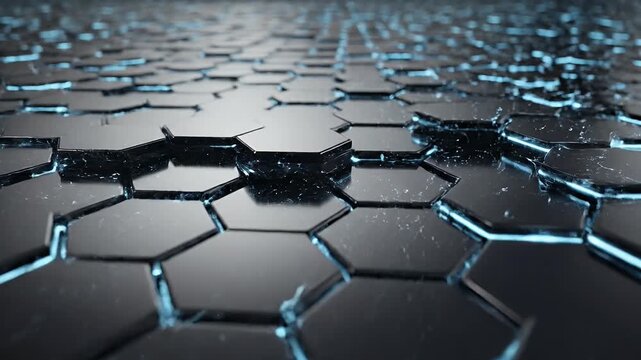 A close-up showcases a futuristic, geometric surface composed of interconnected hexagonal tiles with glowing blue accents, creating a visually striking and abstract pattern.