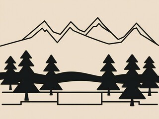 Obraz premium Stylized mountain landscape with pine trees and a bridge