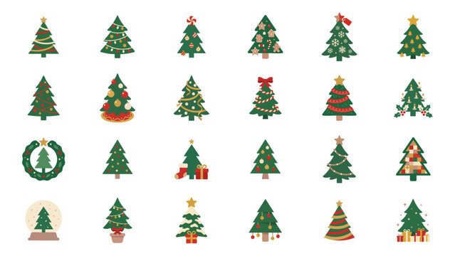Christmas Tree Icon Set with Decorated Pines Ornaments Garlands Wreaths and Gifts