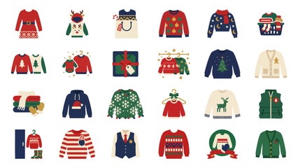 Fototapeta premium Christmas Sweater Clothing Icon Set with Holiday Jumpers Hoodies Cardigans Scarves Laundry and Winter Apparel