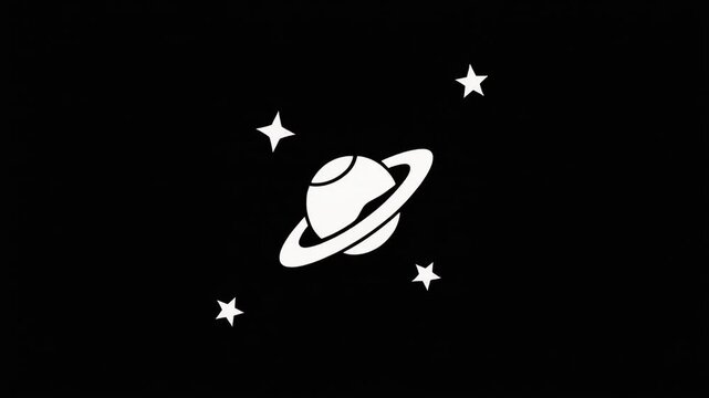 Planet silhouette with stars, animation, vector flat design, black background