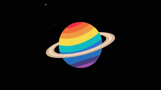 Planet with rainbow rings, animation, vector flat design, black background. colorful cosmic