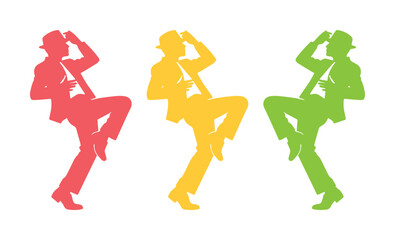 Dynamic dancing man silhouette vector set, three vibrant colored male figures in fedora hats and suits, iconic pop culture dance move illustration for music, entertainment © Joe