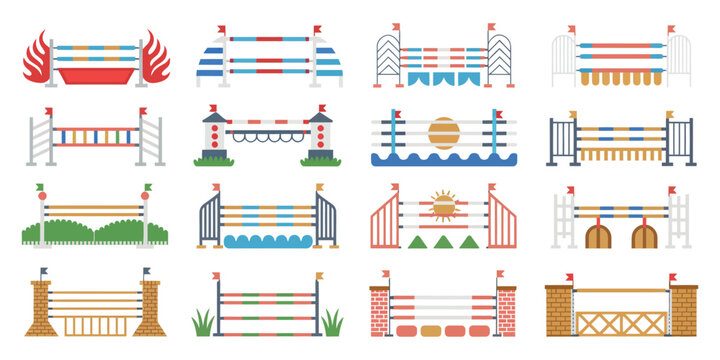 Equestrian Jumping Obstacles Collection, Horse Show Rails and Brick Wall Barriers Set, Flat Vector Illustration for Riding Arena, Competition Course Design, and Training Elements