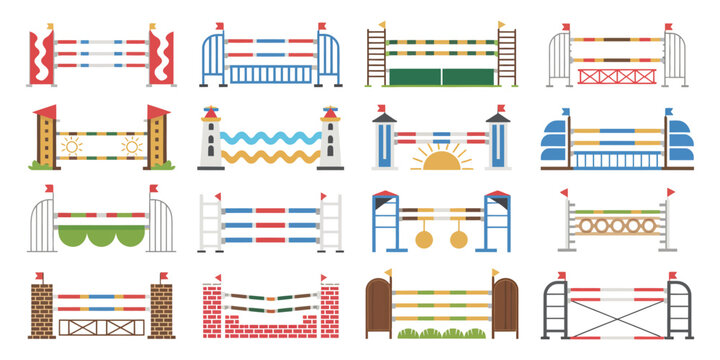 Equestrian Show Jumping Obstacles Set, Horse Riding Rails and Brick Wall Barriers Collection, Flat Vector Illustration of Jump Course Elements for Competition, Training, and Sports Design