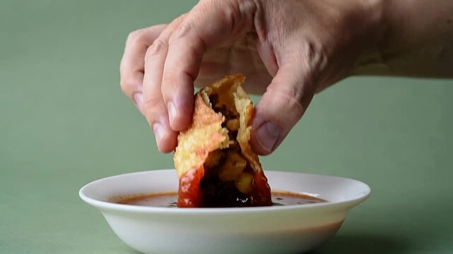 Hand dipping food into a bowl of savory sauce on a green background
