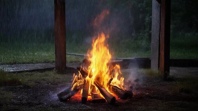 Rain falling around a bonfire under shelter. fire crackling strong,