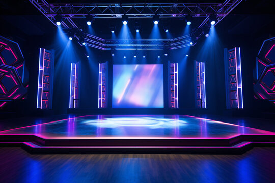 Modern dance stage light background with spotlight illuminated for modern dance production stage. Empty stage with creative lighting. Stage lighting art design. Entertainment show. Generative AI.