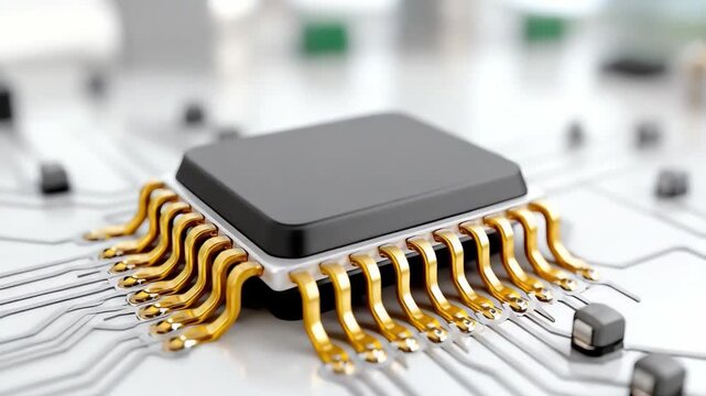 Technological Microchip: A close-up view of a microchip showcases intricate technology, highlighting the precision and power of modern computing.