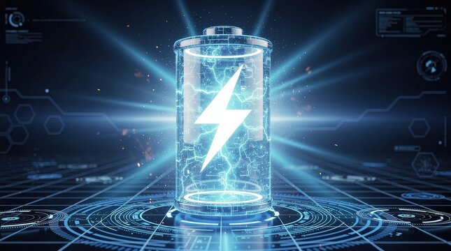 A high-tech battery graphic with a lightning bolt, glowing energy, and digital elements, symbolizing power and innovation.