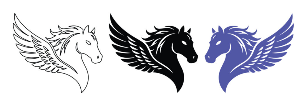 Pegasus vector icon set, mythical winged horse graphic, elegant fantasy animal symbol, versatile logo design element for branding and identity