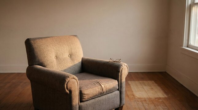 Empty worn armchair with reading glasses left behind in sunlit room representing absence loss and elderly passing