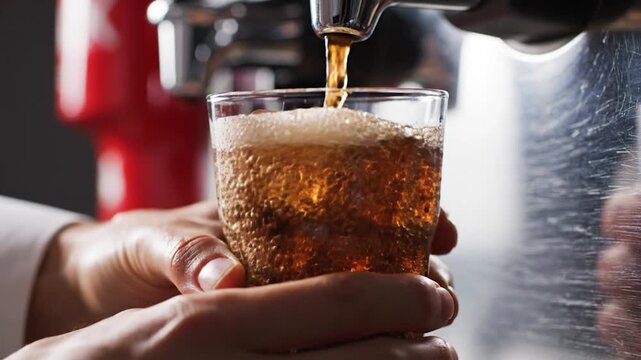 A person pours a refreshing beverage into a glass filled with ice cubes, creating a cool and inviting drink for enjoyment