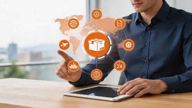 Businessman interacting with digital logistics interface hologram showing global supply chain package delivery icon connected to air freight and ship transport warehouse