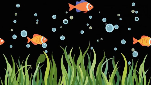 Sea grass with bubbles and fish, vector flat design, black background