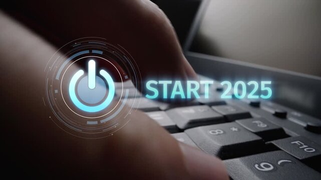 Start 2025 concept with futuristic power button symbolizing fresh beginnings, innovation, and digital transformation. Start 2025, new goals, and start 2025 initiative. Muxer