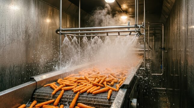 Industrial washing process of fresh carrots on a conveyor belt