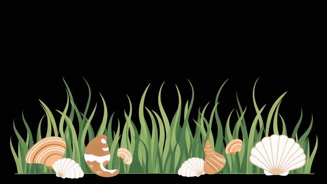 Sea grass with shells, vector flat design, black background. coastal marine detail