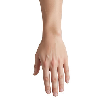 A persons hand with fingers extended on isolated transparent background