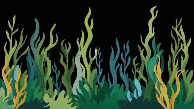 Seaweed forest scene, vector flat design, black background