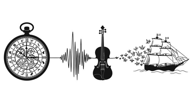 Vintage pocket watch, sound wave, violin and sailing ship with butterflies