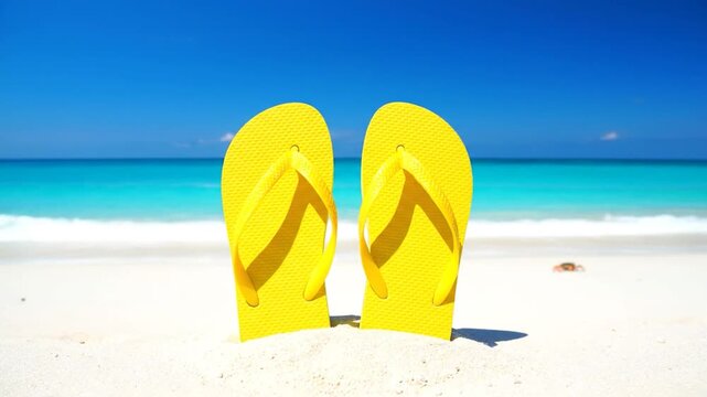 A pair of bright yellow sandals standing upright on a sandy beach with clear, turquoise water and a bright blue sky in the background