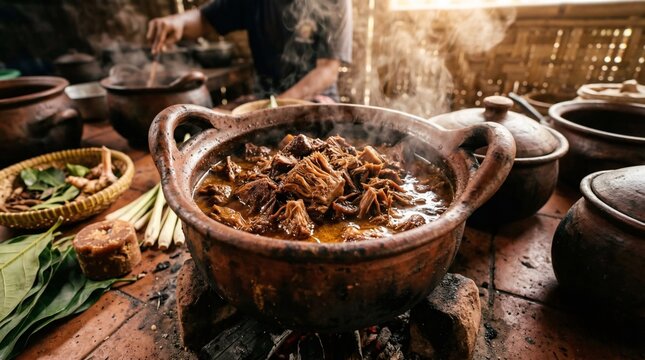 Steaming traditional Indonesian braised jackfruit dish in authentic clay pot over wood fire representing rustic culinary heritage